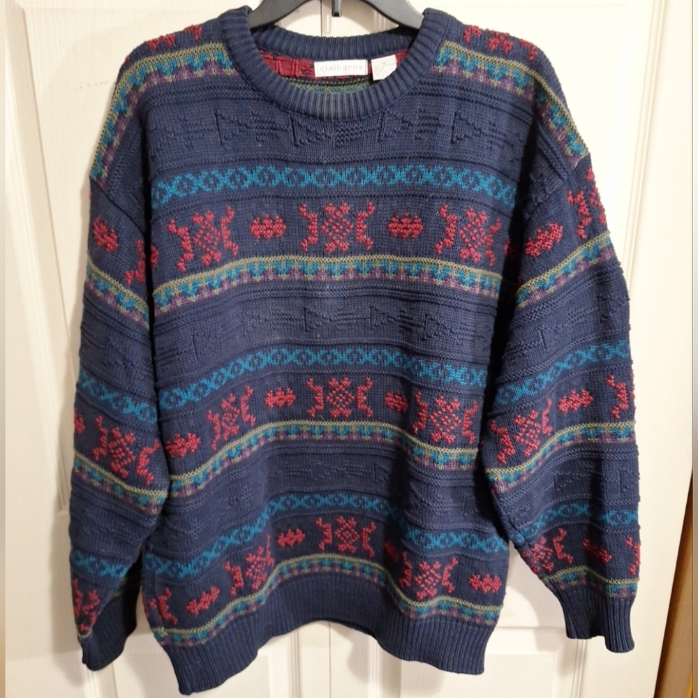 Vintage Claiborne USA Cotton Crew Neck Sweater - M - Navy Blue Southwestern